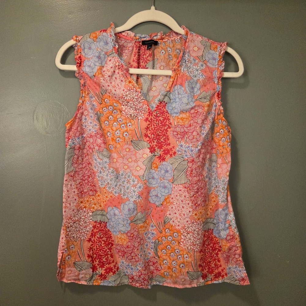 Talbots Women's V-Neck Sleevess Blouse Size M Floral 100% Cotton Lightweight